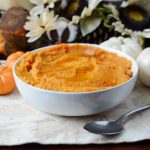 Instant Pot mashed sweet potatoes in white bowl for thanksgiving