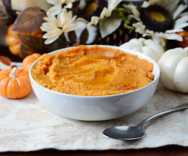 Instant Pot mashed sweet potatoes in white bowl for thanksgiving