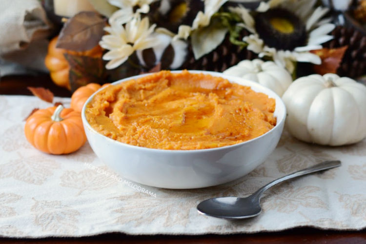 Instant Pot mashed sweet potatoes in white bowl for thanksgiving