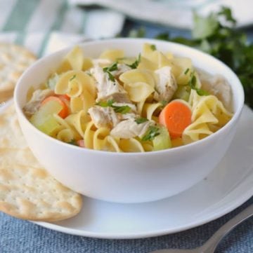 Instant pot turkey soup with noodles in a white bowl