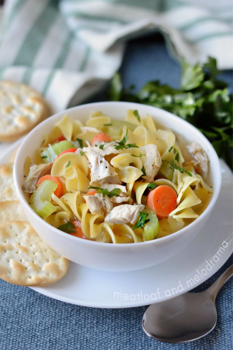 homemade leftover instant pot turkey soup with noodles and carrots and celery in white bowl