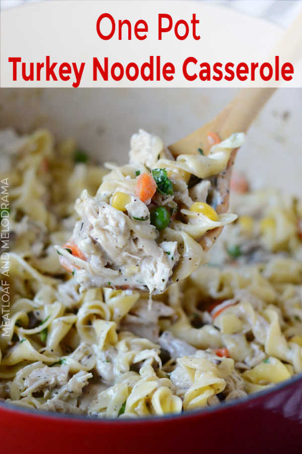 One Pot Turkey Noodle Casserole with leftover turkey and pasta in creamy sauce