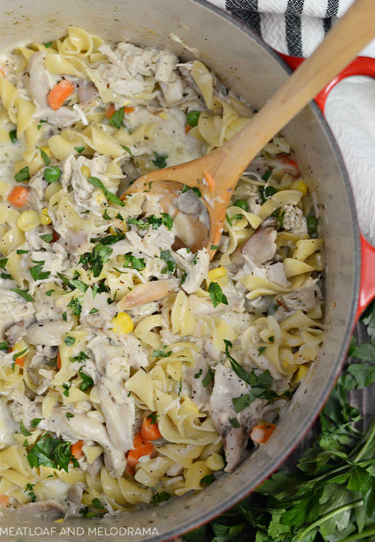 one pot turkey noodle casserole with parsley and vegetables in one pot
