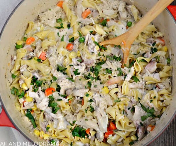 one pot turkey noodle casserole in cream sauce with vegetables and pasta