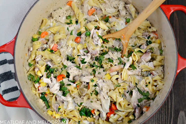 one pot turkey noodle casserole in cream sauce with vegetables and pasta