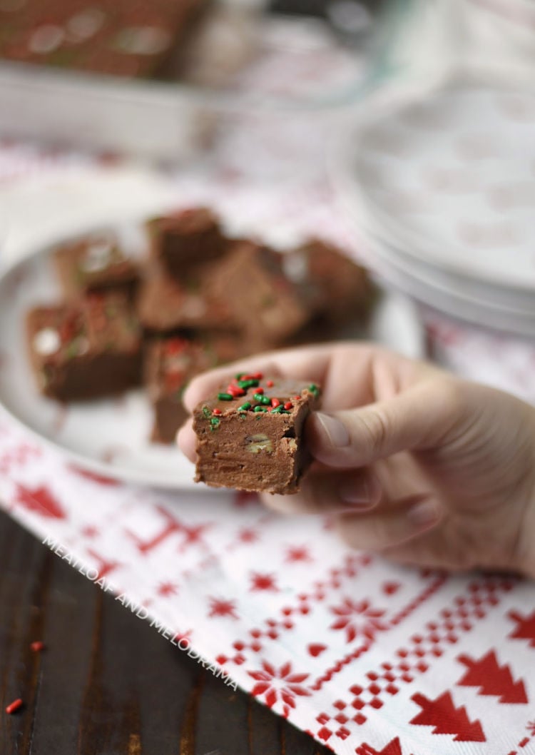 piece of chocolate fantasy fudge in hand