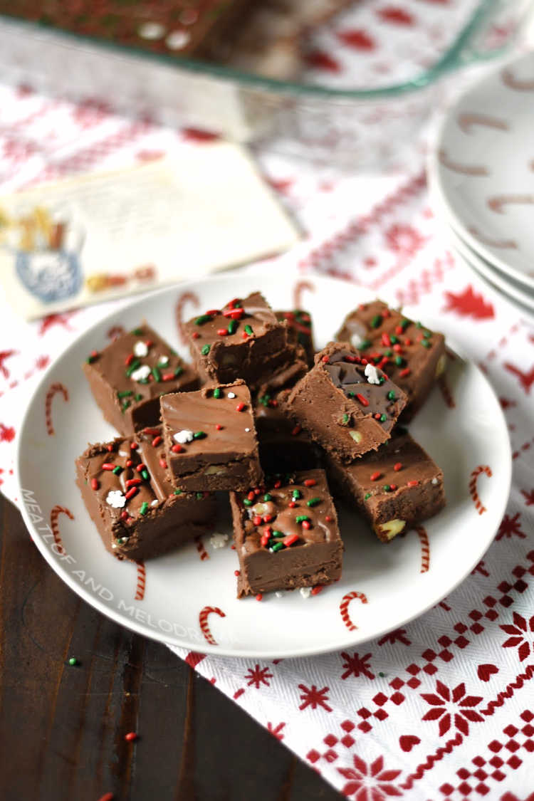 fantasy fudge with holiday sprinkles on plate