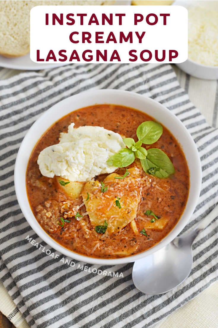 Instant Pot Creamy Lasagna Soup is an easy lazy lasagna recipe made with Italian sausage, ground beef, pasta and cheese in a delicious tomato broth. It's comfort food in a bowl! via @meamel