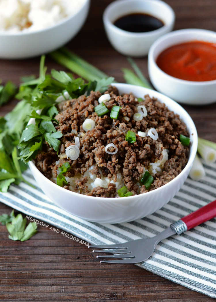 instant pot korean ground beef with parsley and green onions in white bowl