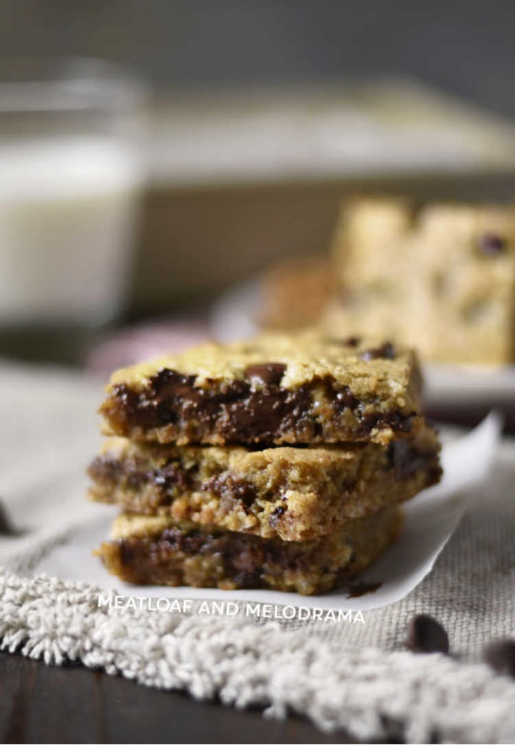three oatmeal chocolate chip cookie bars stacked