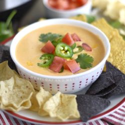 instant pot queso dip in a bowl with tortilla chips and tomatoes and jalapeno peppers