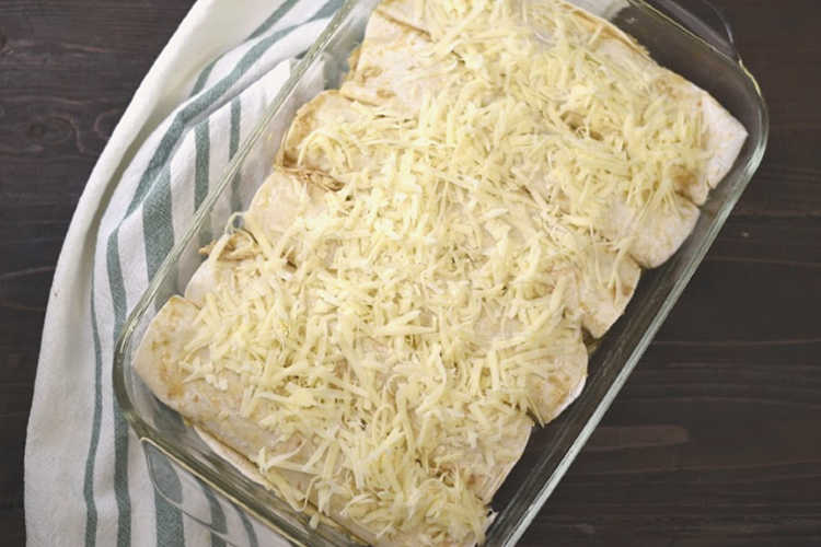 salsa verde chicken enchiladas with monterey jack cheese in baking dish