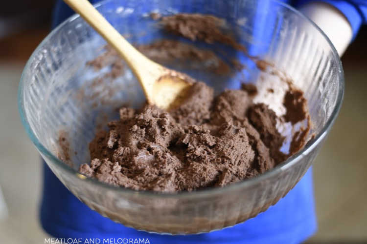 double chocolate cookie dough in mixing bowl