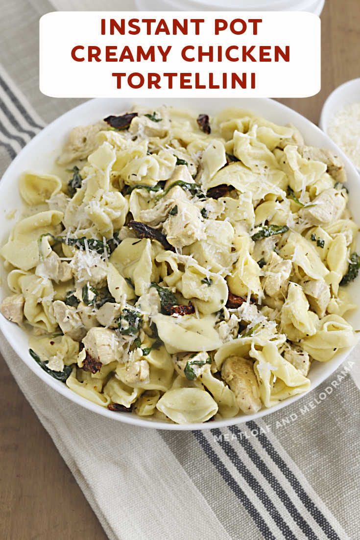 Instant Pot Creamy Chicken Tortellini with sun dried tomatoes and fresh spinach in a garlic Parmesan cream sauce is a quick and easy pasta dinner you can make in the pressure cooker in 30 minutes! via @meamel