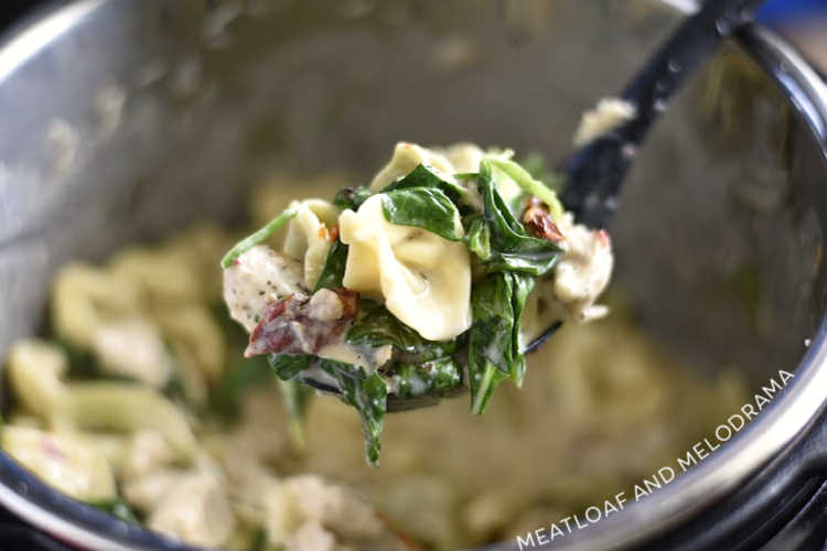 creamy chicken tortellini with spinach and sun dried tomatoes on spoon in pressure cooker