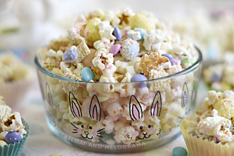 bunny bait snack mix in a glass easter bunny bowl