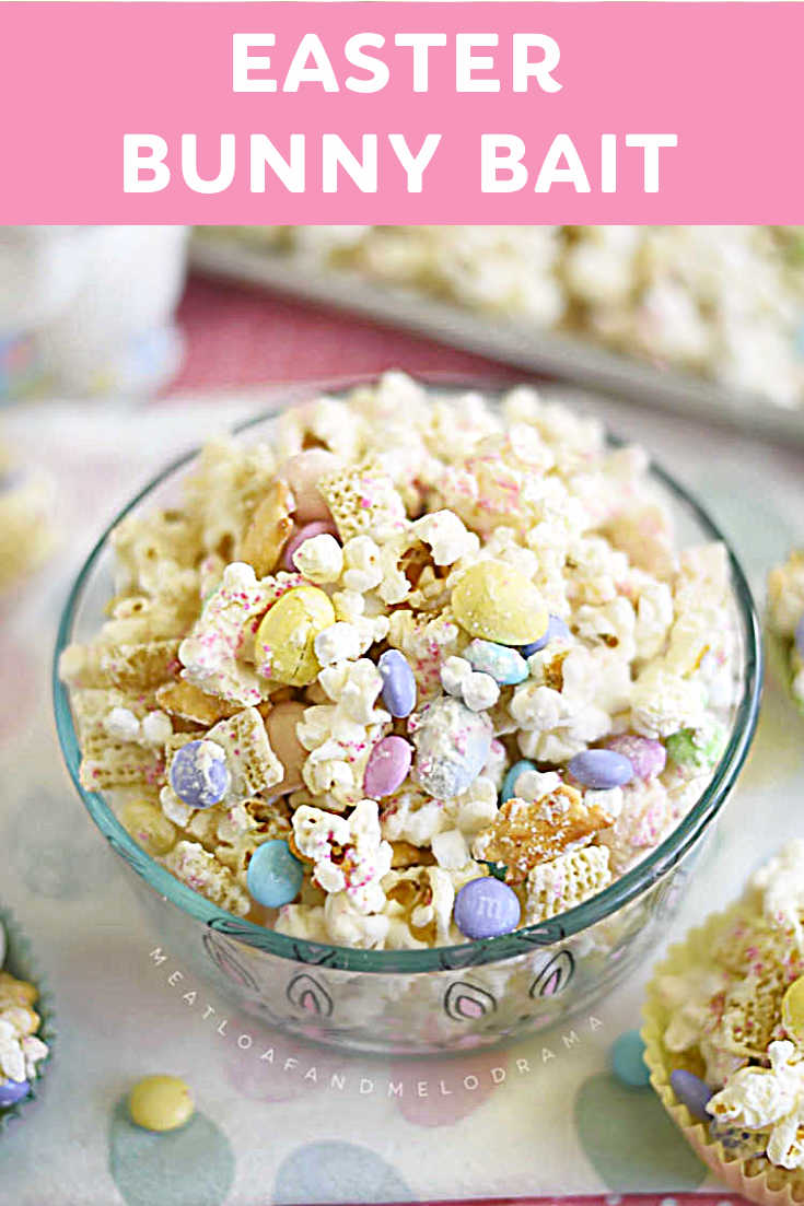 Bunny Bait Snack Mix is an easy Easter treat made with popcorn, Chex, marshmallows and candy in a white chocolate drizzle. Salty and sweet! via @meamel