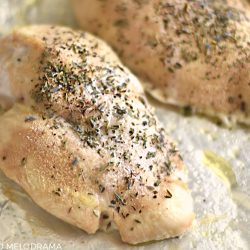 easy baked chicken breasts on baking sheet out of the oven