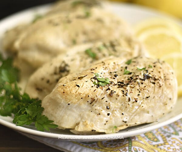 instant pot chicken breasts with lemon on white platter