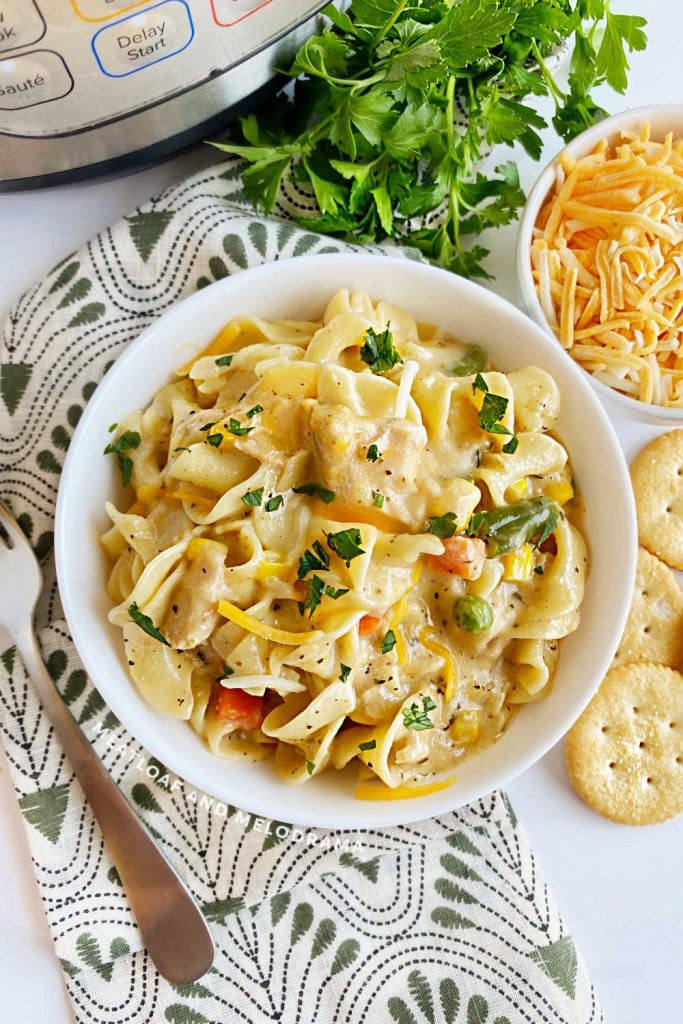 instant pot tuna casserole in white serving bowl