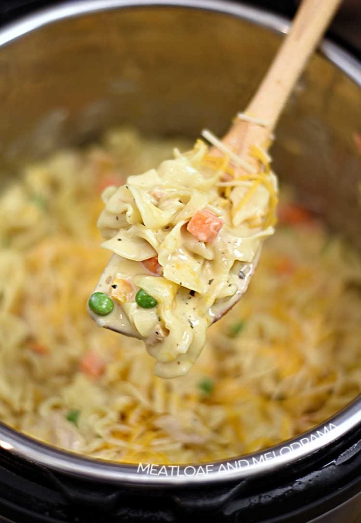 pressure cooker tuna casserole on wooden spoon