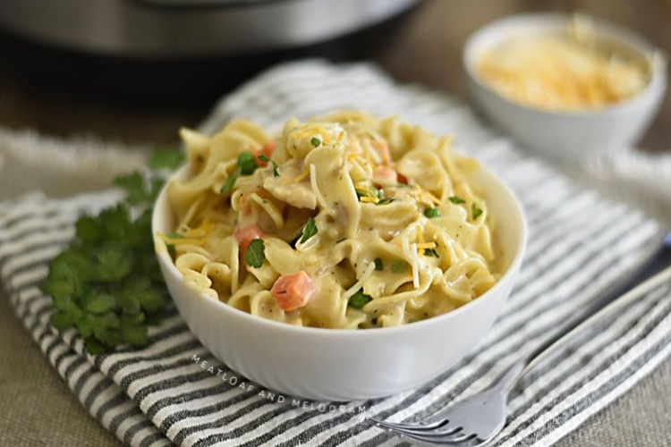 ip tuna  pasta with egg noodles and cheese in a white bowl