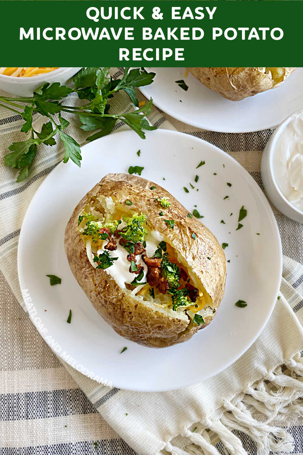 This Easy Microwave Baked Potato recipe makes soft, fluffy potatoes with crispy skins in minutes. Perfect for loaded baked potatoes or a quick side dish when you don't have time to bake or air fry your spuds! via @meamel