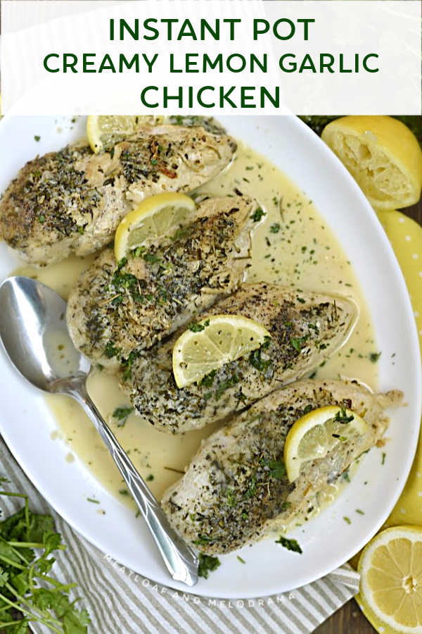 pressure cooker lemon garlic chicken on a white platter