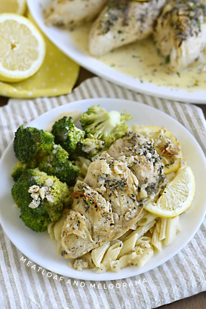 creamy lemon garlic chicken over pasta with broccoli