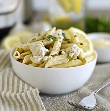 bowl of lemon chicken pasta made in the instant pot