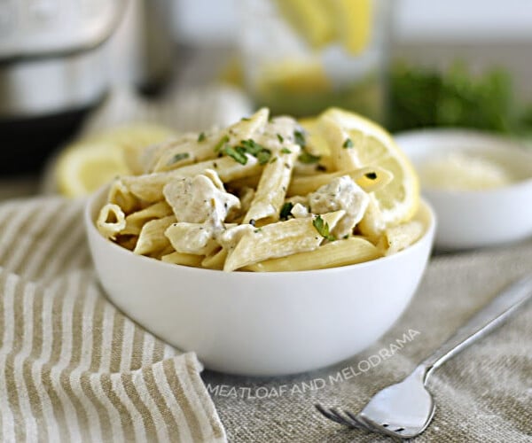 bowl of lemon chicken pasta made in the instant pot