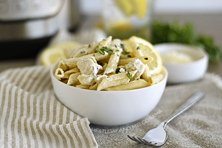 bowl of lemon chicken pasta made in the instant pot