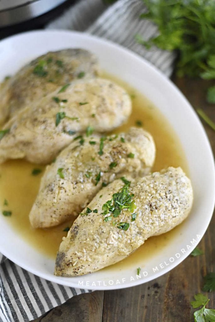 instant pot chicken and gravy on white platter