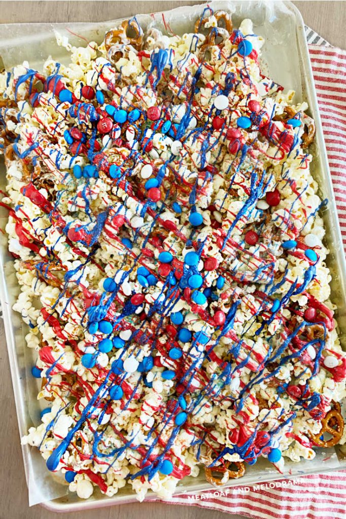 tray filled with red white and blue snack mix