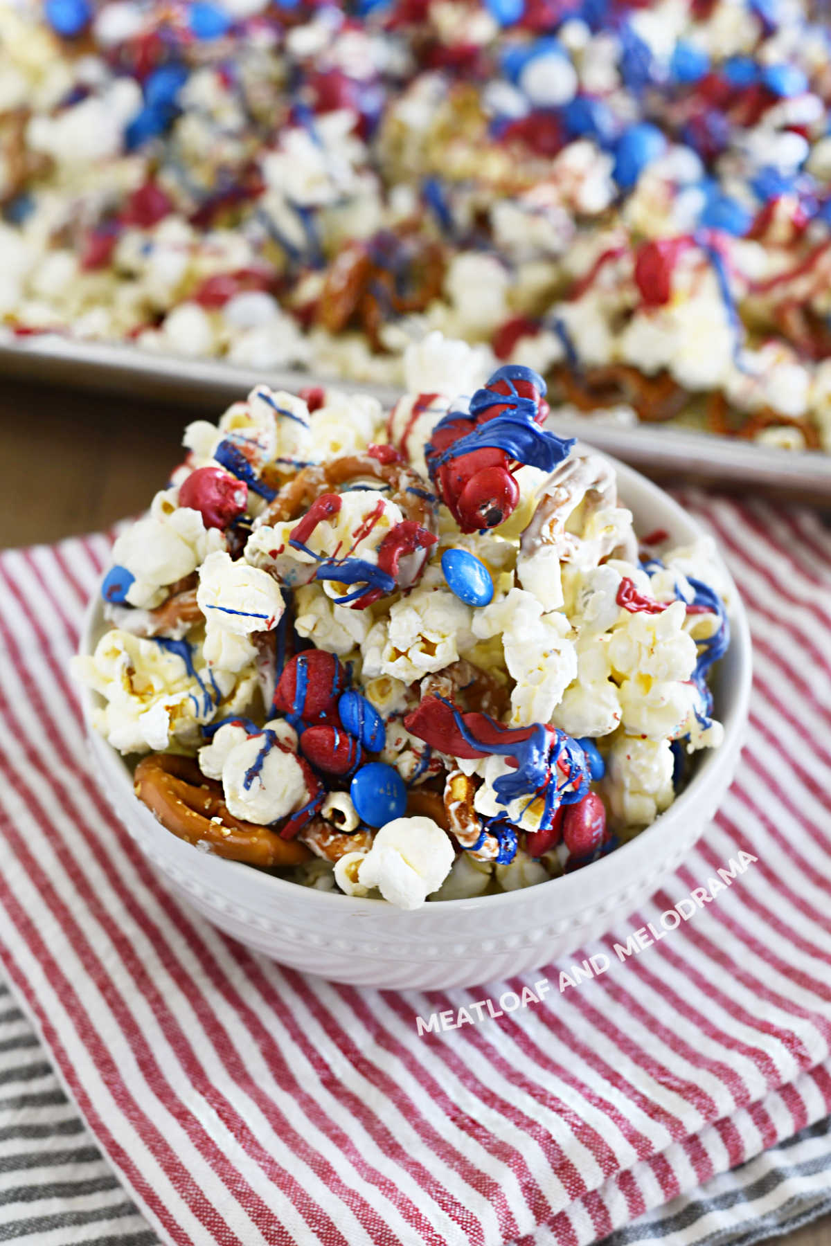 patriotic popcorn in white bowl