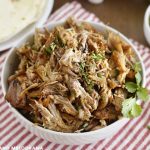 crispy shredded pork carnitas in white bowl