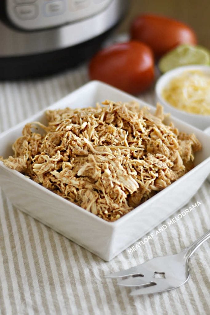 white serving bowl with pulled salsa chicken