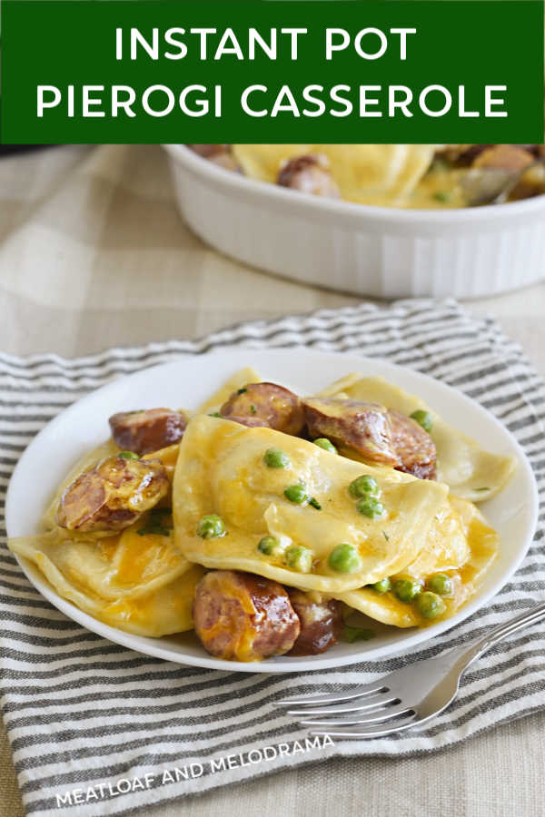 instant pot pierogi casserole with kielbasa in a cheese sauce on plate