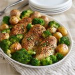 air fried chicken breasts and potatoes with broccoli on platter