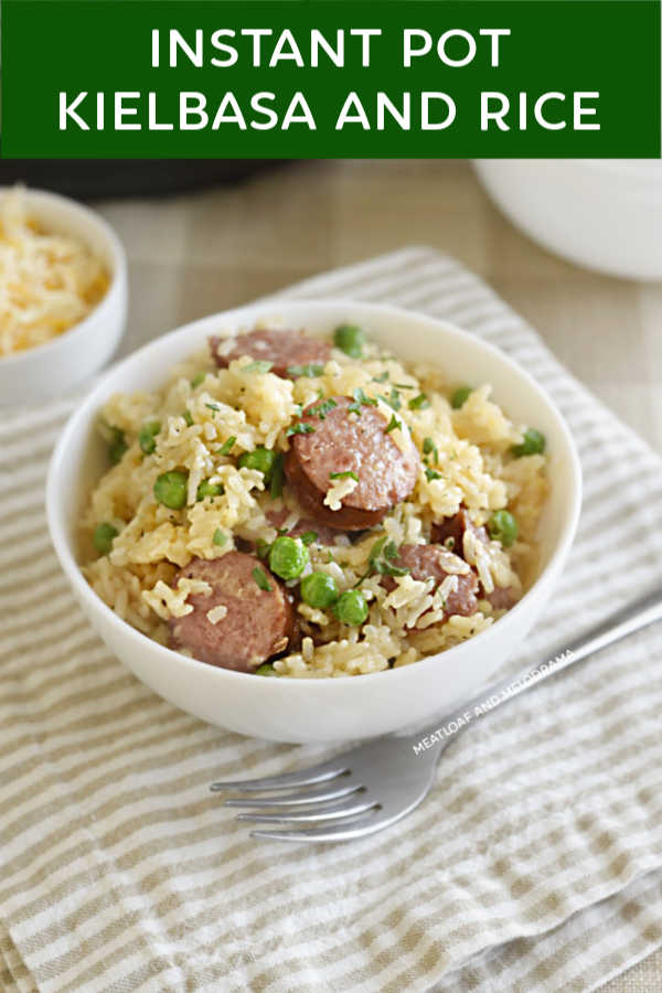 instant Pot kielbasa and rice with peas in a white bowl