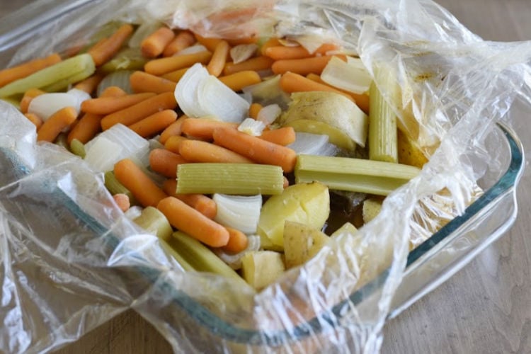 beef pot roast and vegetables baked in an oven bag