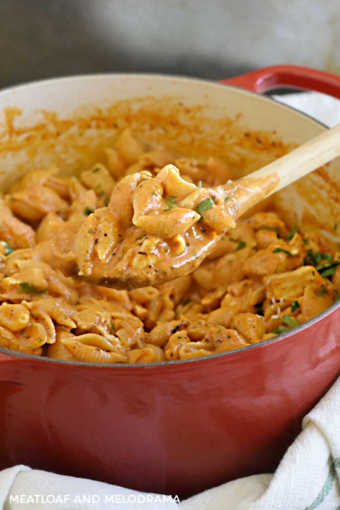 shell pasta and chicken in a creamy tomato sauce on a wooden spoon