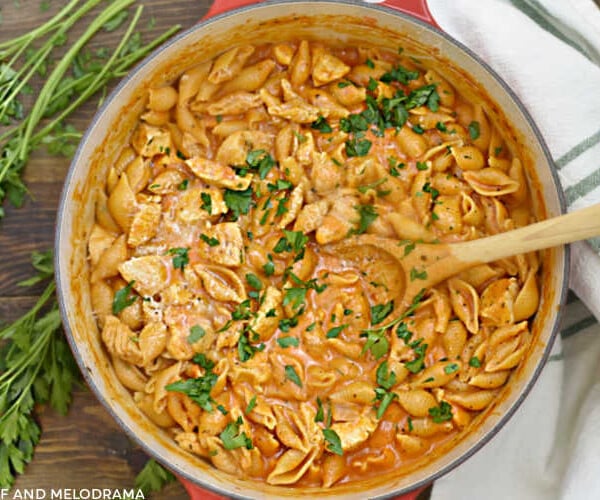 chicken and pasta shells in a creamy tomato sauce cooked in red dutch oven with wooden spoon and topped with parsley