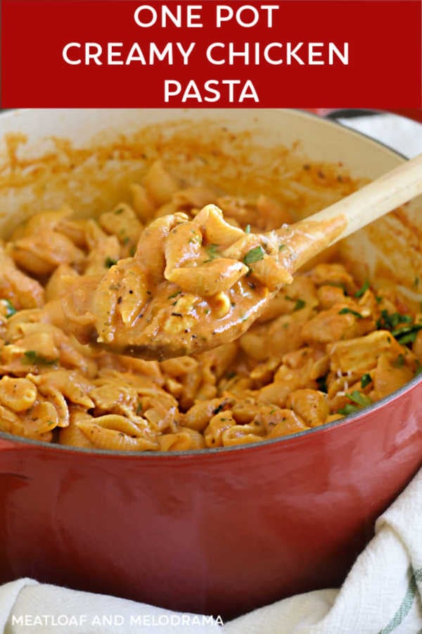 creamy chicken and pasta shells on a wooden spoon