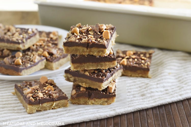 toffee bars with shortbread crust and chocolate butterscotch chips stacked up