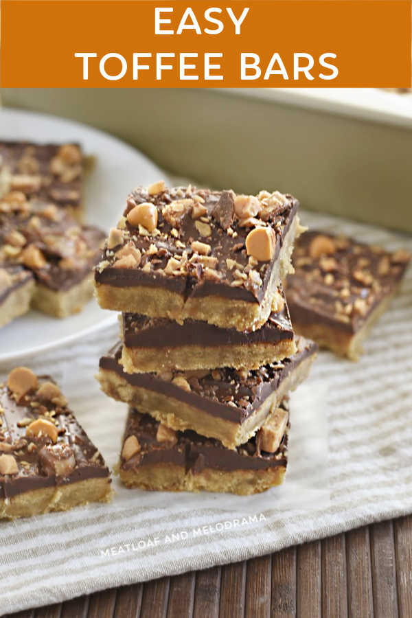 close up of stack of toffee bars with chocolate and butterscotch chips