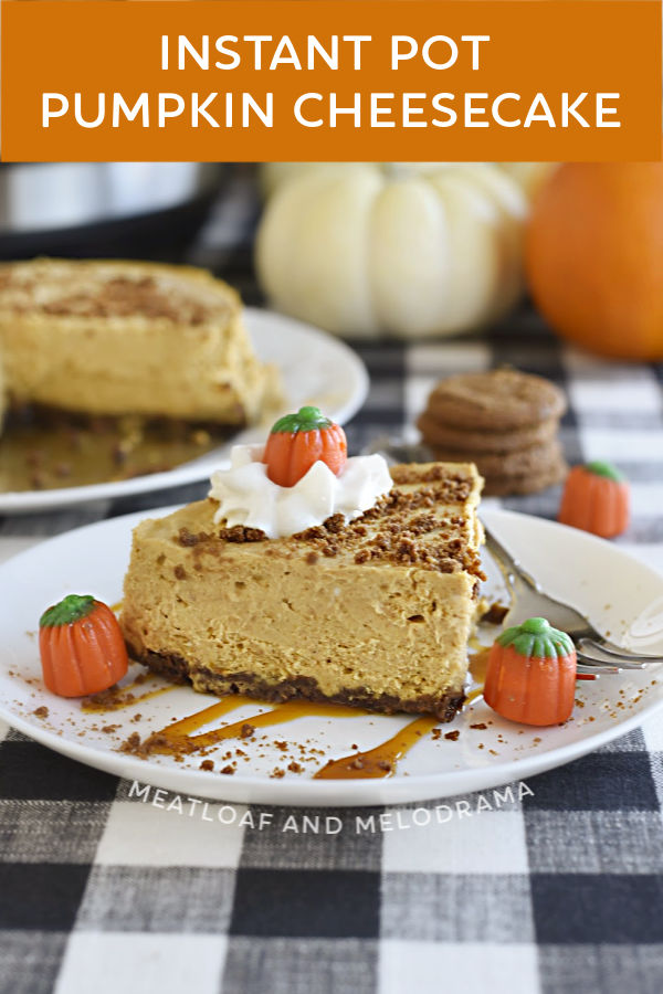 This Instant Pot Pumpkin Cheesecake with gingersnap crust is a delicious fall dessert recipe that's incredibly easy to make in the pressure cooker. It's smooth, creamy with the right amount of spice and perfect for Thanksgiving! via @meamel