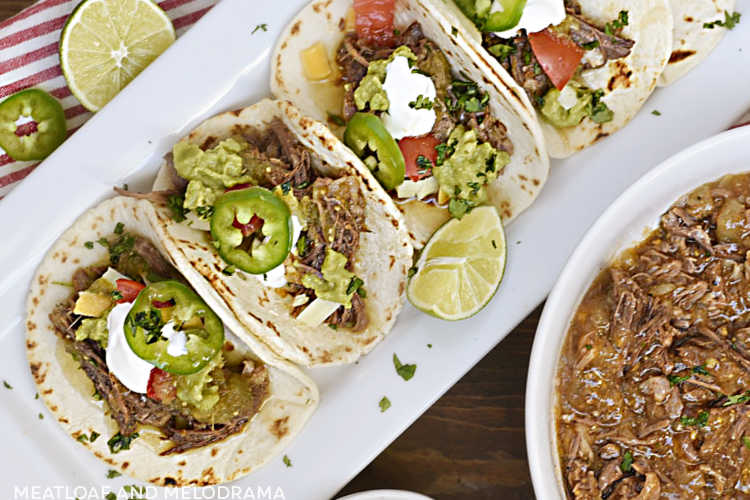 street tacos on a platter made with instant pot shredded beef 