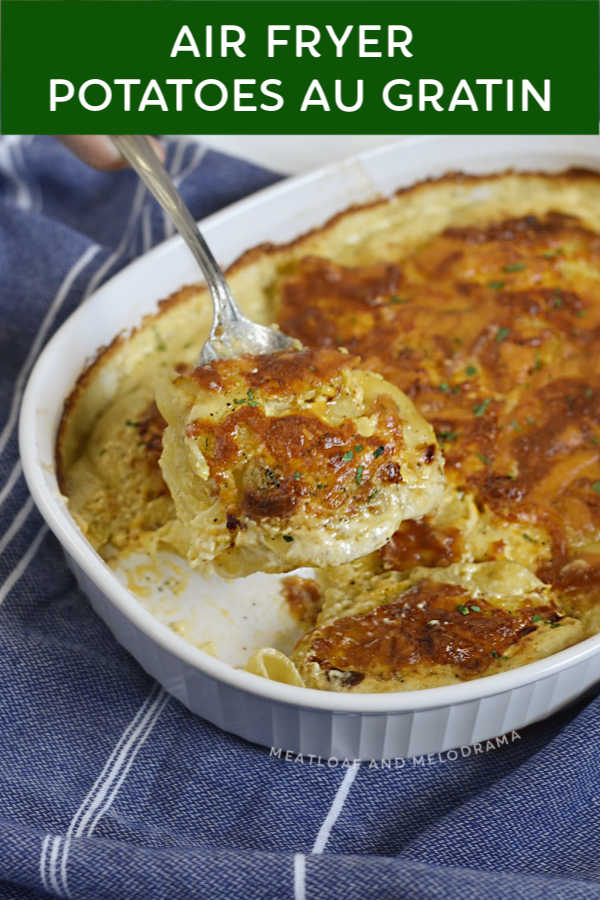 close up of air fryer potatoes au gratn on a serving spoon