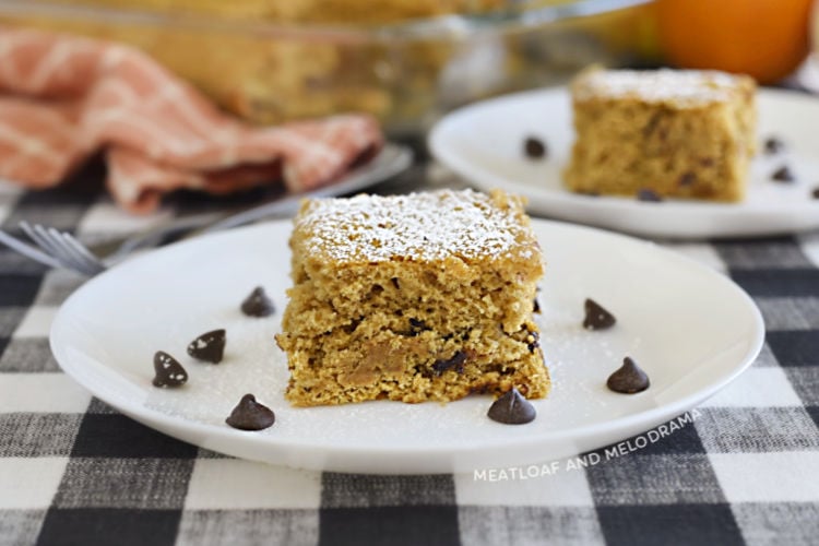 easy banana pumpkin cake with chocolate chips on a white plate